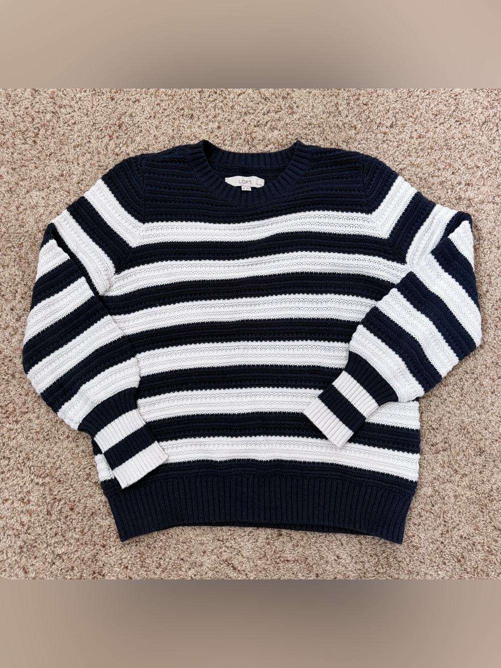 LOFT Navy & White Striped Crewneck Sweater